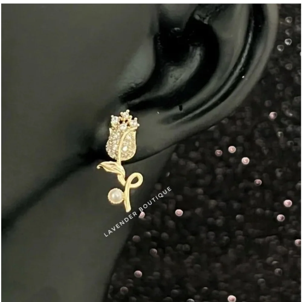 💎 NEW 14K Gold Plated Diamond Rose Flower Necklace & Earrings Set